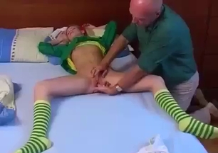 Bald dad stimulates his daughter's accurate crack